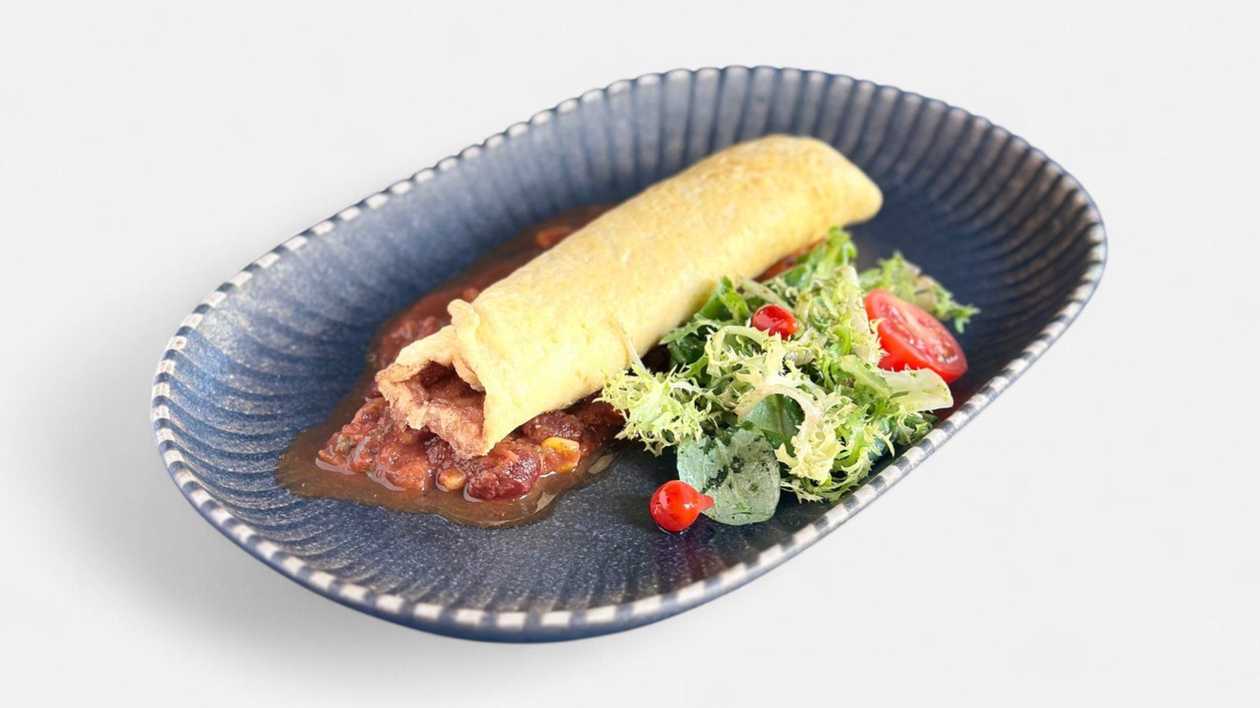 Mexican omelette with chorizo, corn and tomato salsa