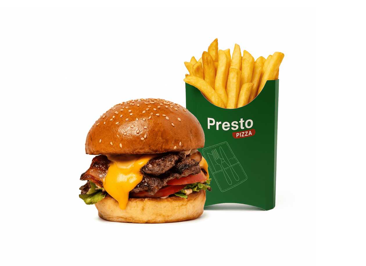 Bacon cheeseburger vita combo + cartofi prajiti 130gr