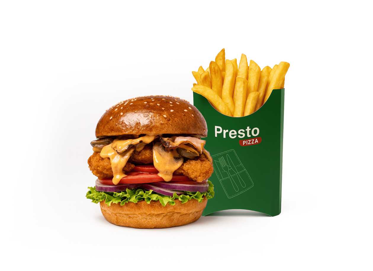 Bacon Cheeseburger Crispy de pui combo + cartofi prajiti 130gr