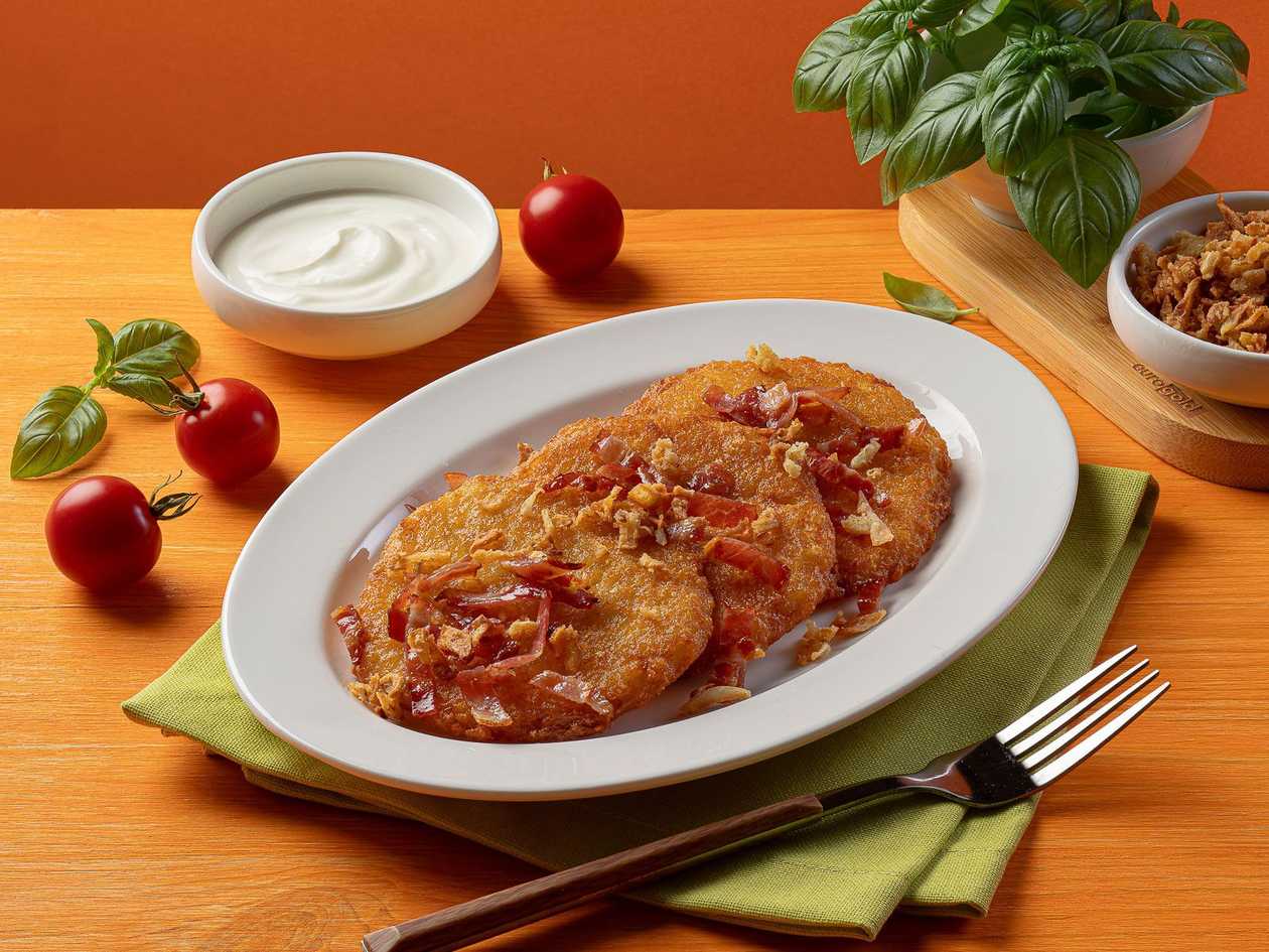 Potato Pancakes with Bacon, Crispy Onions, and Sour Cream