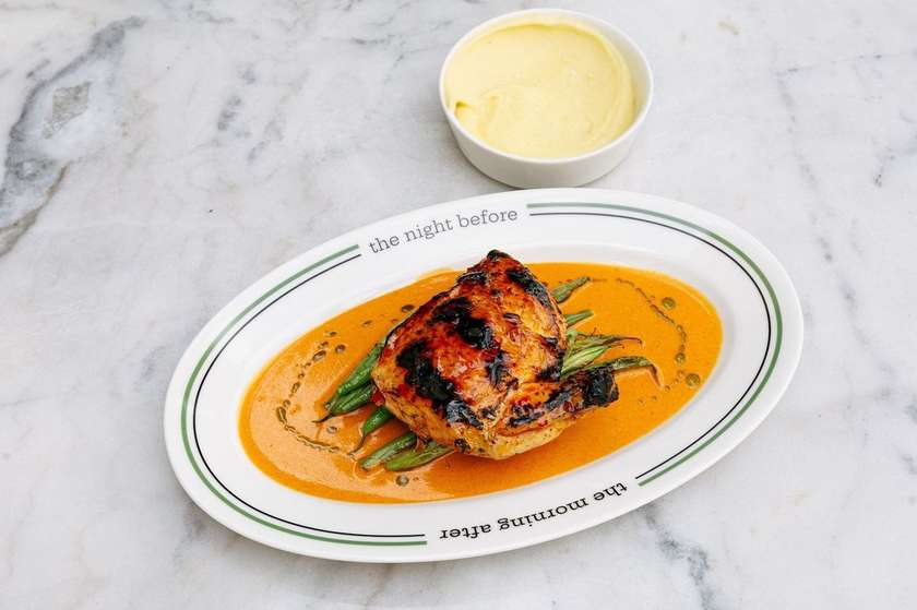 Charcoaled Supreme rooster in sweet glaze with mashed potatoes, green beans