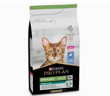 Ração para gatos adultos esterilizados com suporte renal, rica em coelho.