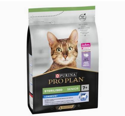 Ração para gatos seniores esterilizados com fórmula Longevis, rica em peru.
