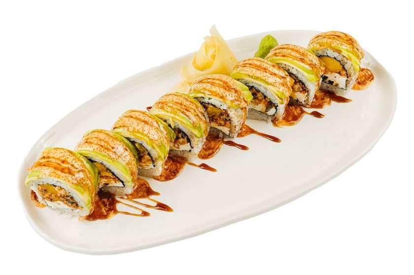 spicy roll with eel, mango, cream cheese, avocado and homemade unagi
