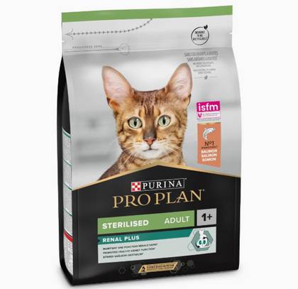 Ração para gatos adultos esterilizados com suporte renal, rica em salmão.