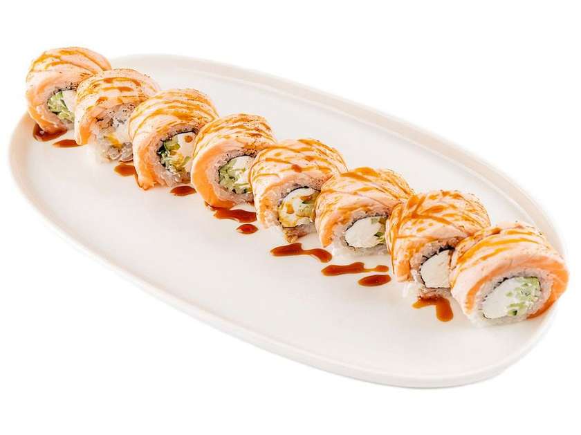roll with seared salmon, cream cheese and cucumber