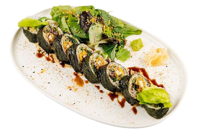 roll with fried tofu, shiitake, avocado and cucumber