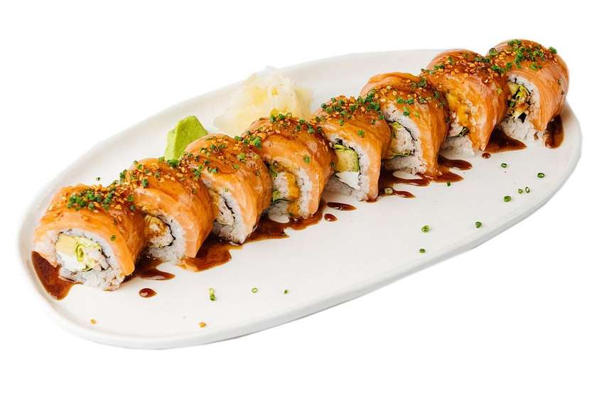 roll with salmon and crab, cream cheese, avocado and kimchi sesame