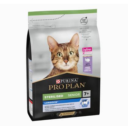 Ração para gatos seniores esterilizados com fórmula Longevis, rica em peru.