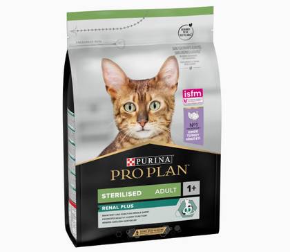 Ração para gatos adultos esterilizados com suporte renal, rica em peru.