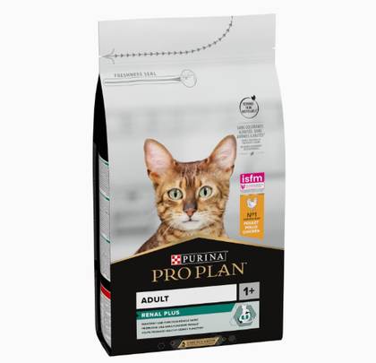 Ração para gatos adultos com suporte renal, rica em frango.