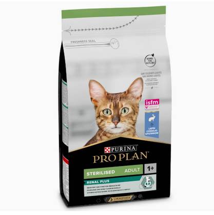 Ração para gatos adultos esterilizados com suporte renal, rica em coelho.