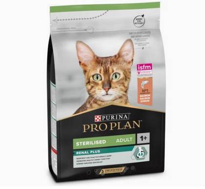 Ração para gatos adultos esterilizados com suporte renal, rica em salmão.