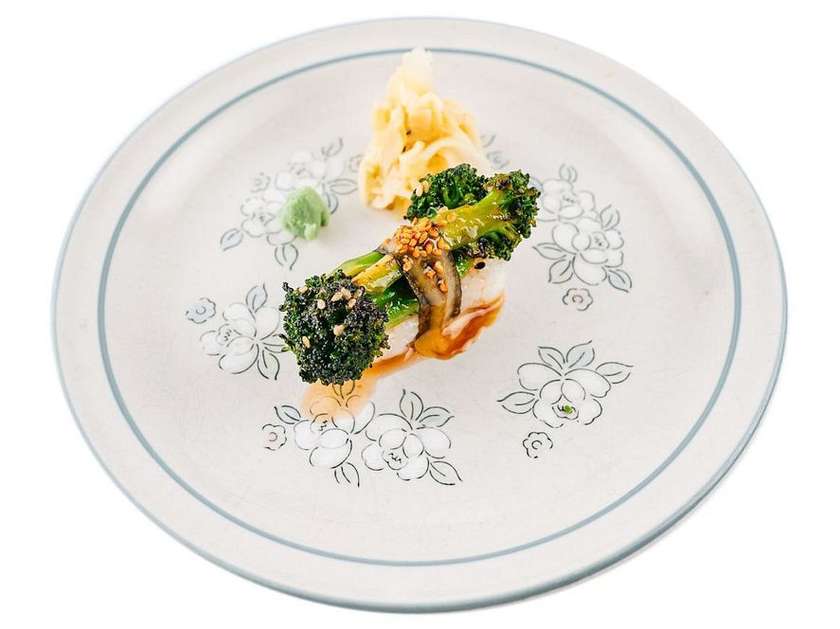 nigiri with broccoli and tomato aioli