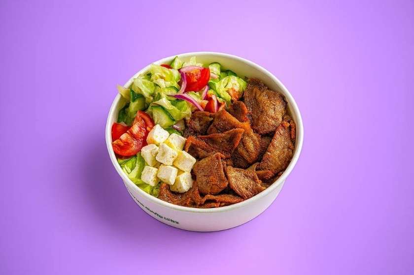 Salad with beef kebab and feta