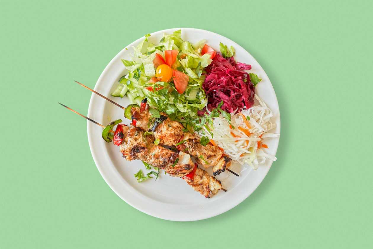 2x Chicken Skewer with Vegetables, Side Dish of Choice, Small Salad and Soup of the Day