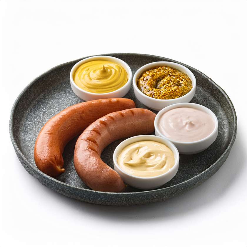 Variations of Grilled Sausages (Ham, Bavarian, Chilli), Mustard, Horseradish