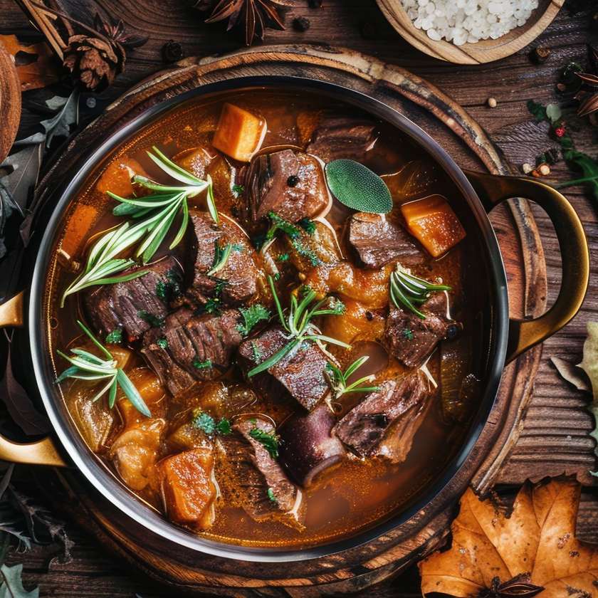 Deer Goulash on Juniper with Horseradish Onion and Chives, Bread Dumplings
