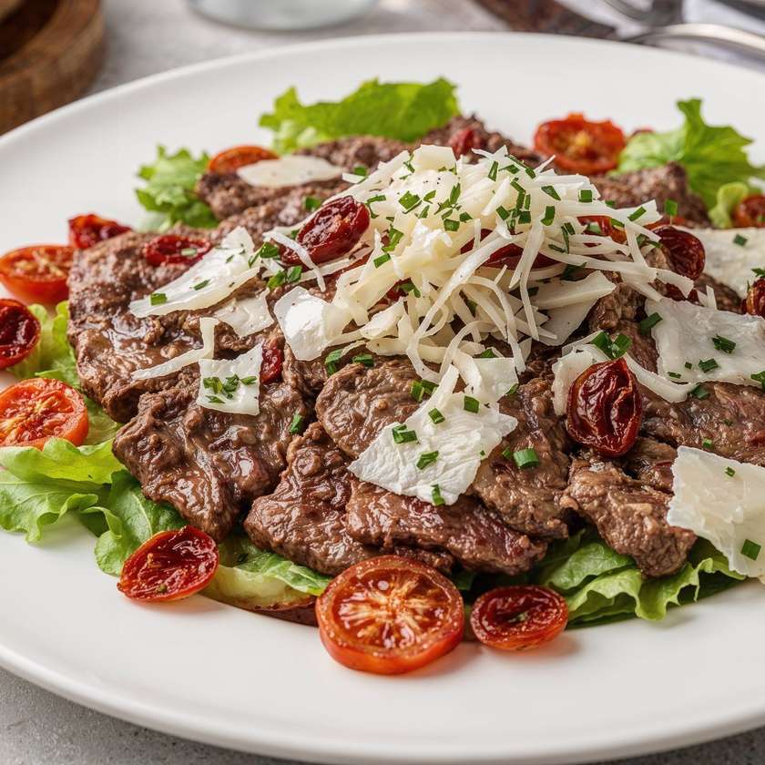 Carpaccio of Tender Slices of Beef Tenderloin with Capers, Parmesan, Arugula and Herb Baguette