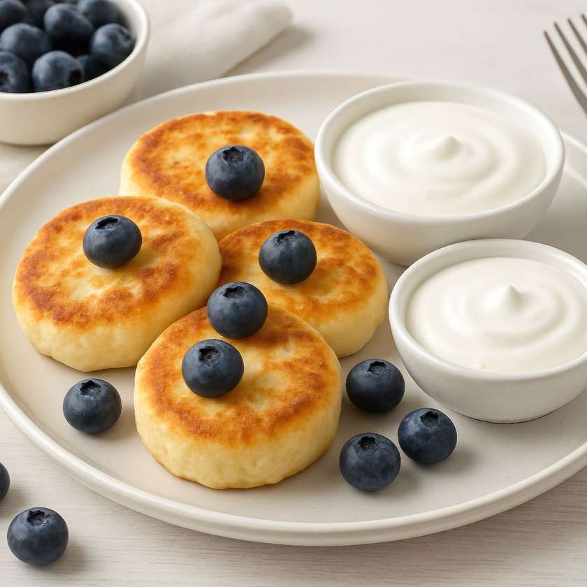 Homemade Pancakes with Sweet Cottage Cheese, Blueberry Sauce