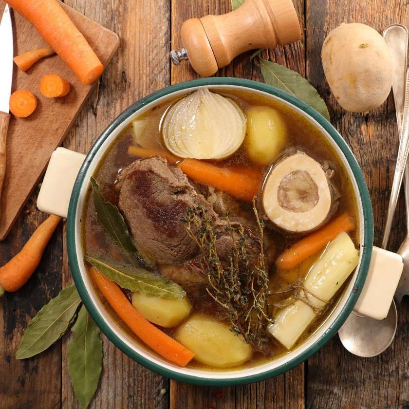 Strong Beef Broth with Meat, Root Vegetables and Homemade Noodles