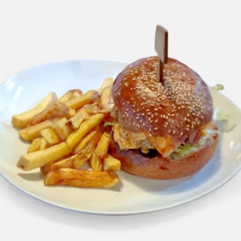Two-Handed Burger, Served in a Bun, Beef with Bacon, Cheddar, Tomato, Onion, Lettuce, Spicy Dressing, Potato Fries