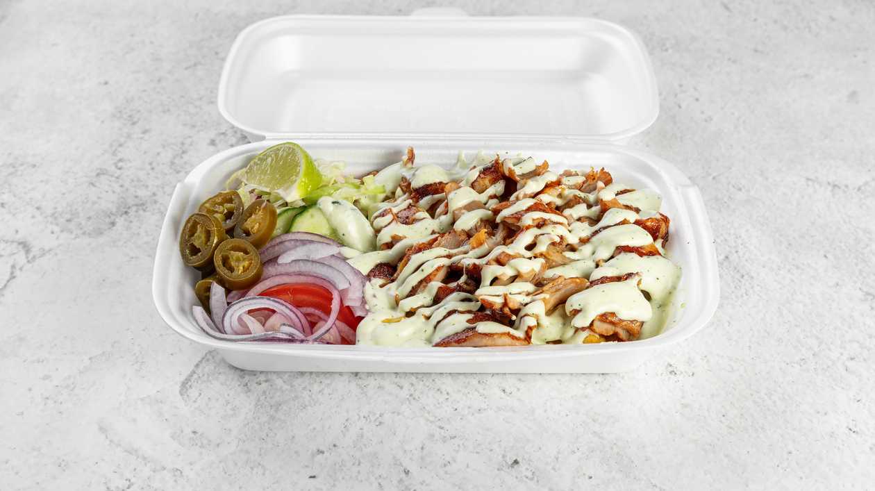 Vistas kebabs kastē + frī vidējs