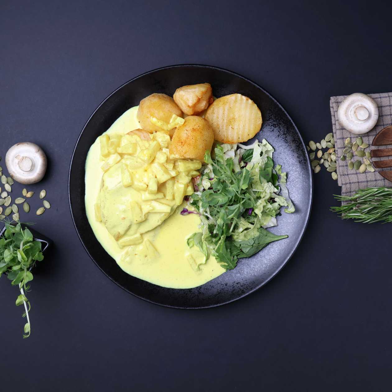 Chicken fillet in curry sauce with pineaplpes