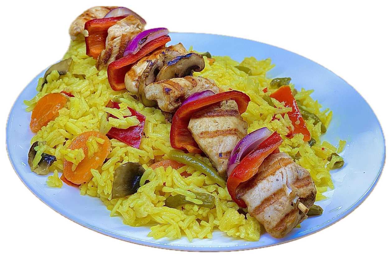 Frigaruie de Pui cu legume 120 g cu garnitura 250 g de orez cu legume sau cartofi la cuptor