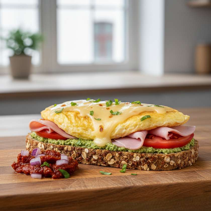 Toast with Omelette, Ham, and Tomato