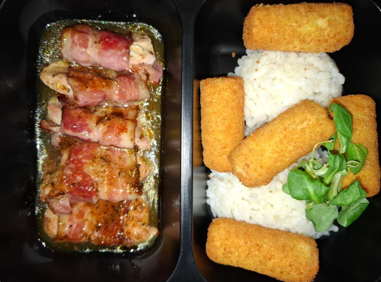 Pork Tenderloin Wrapped in Bacon, Rice/Potato Croquettes