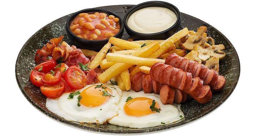 English breakfast with fried eggs
