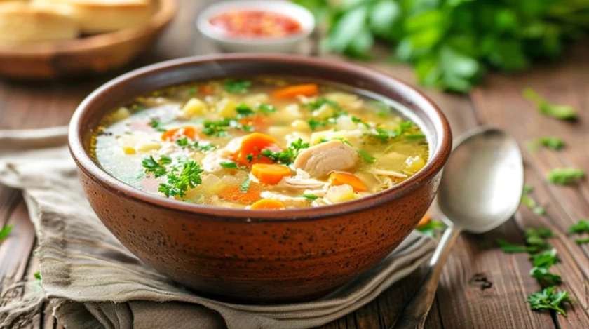 Chicken Broth with Noodles, Vegetables, and Meat (1,3)