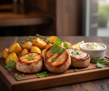 Juicy pork tenderloin medallions with coriander, roasted potatoes, tartar sauce (1,3,7,12)