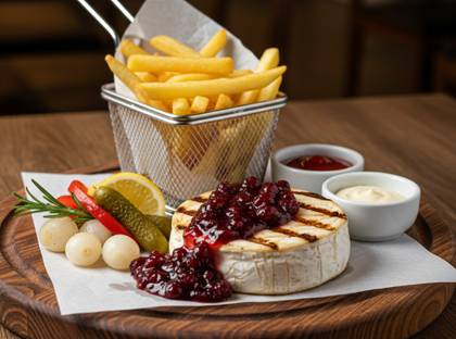 Grilled "HERMELÍN" cheese with cranberries, fries with dip, pickled vegetables (1,3,12)
