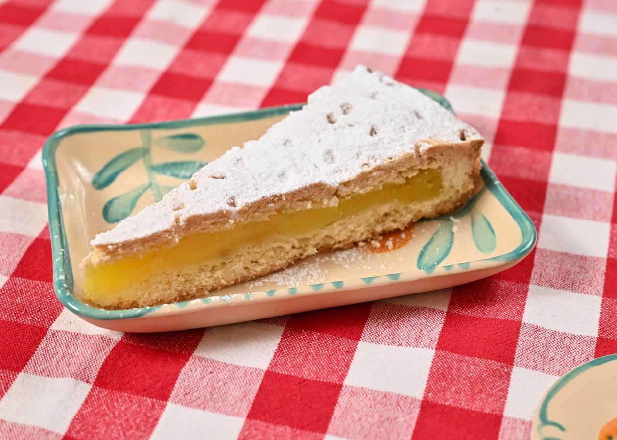 Torta della nonna with vanilla cream and pine buds