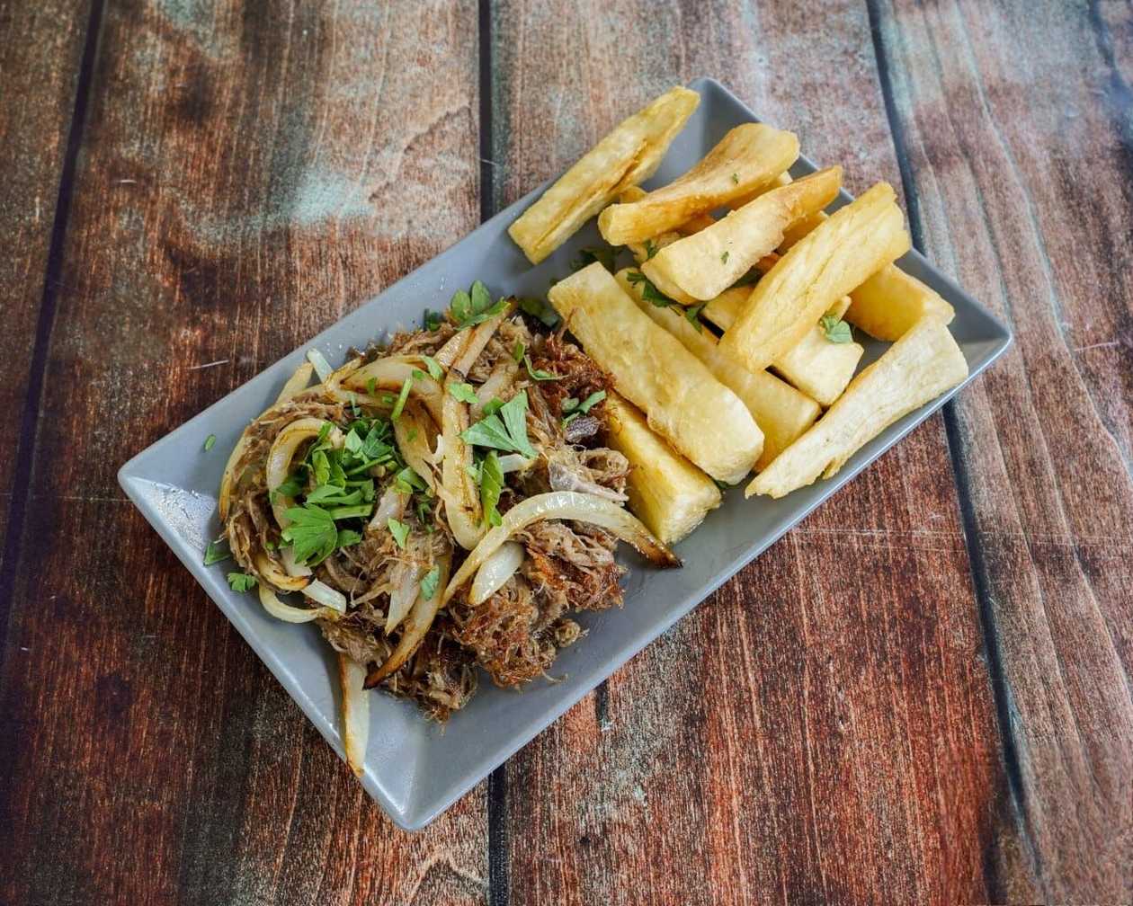 Dried Beef with Onions and Fried Cassava
