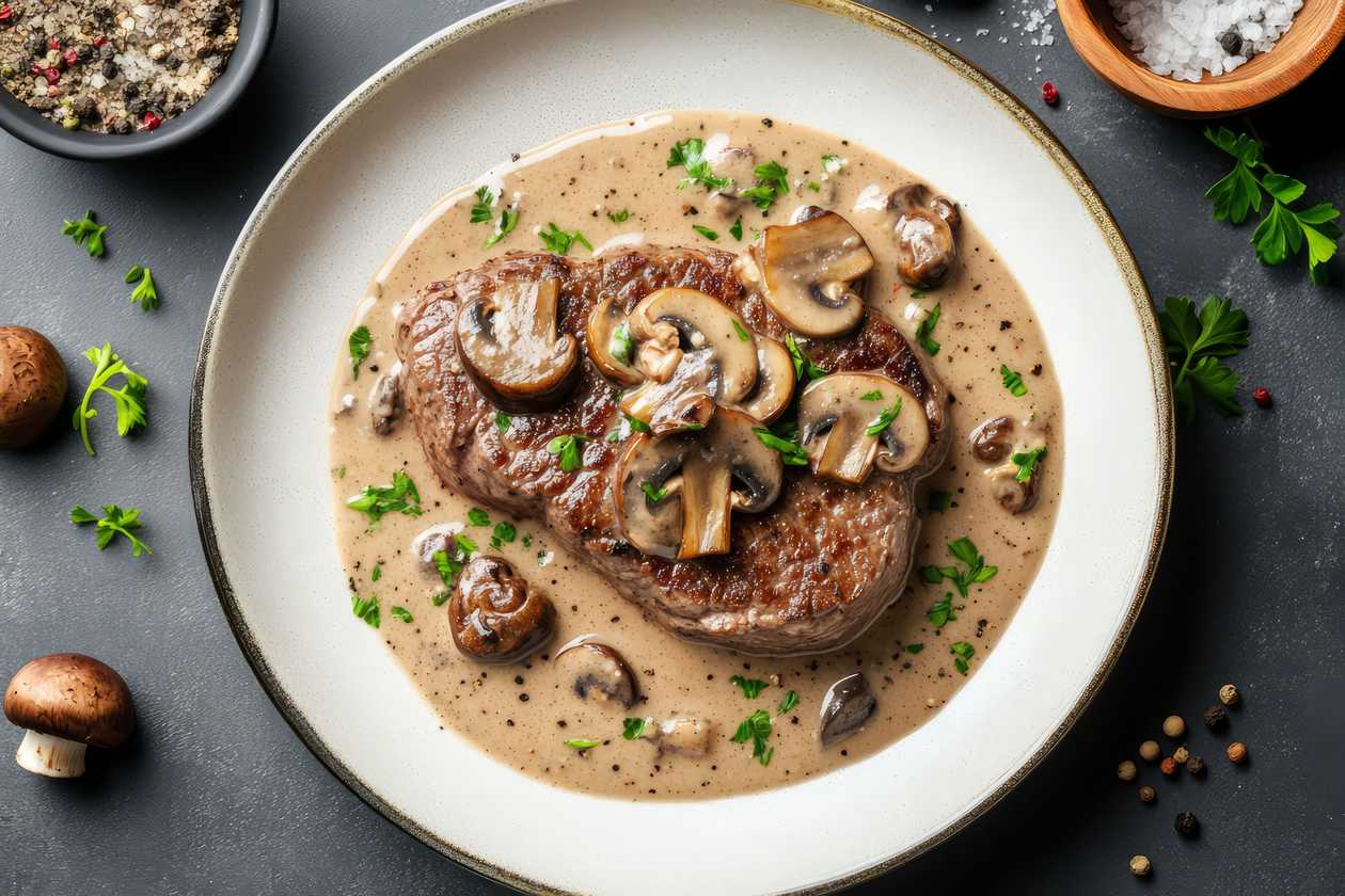 Kuřecí steak s houbovou omáčkou, hranolky