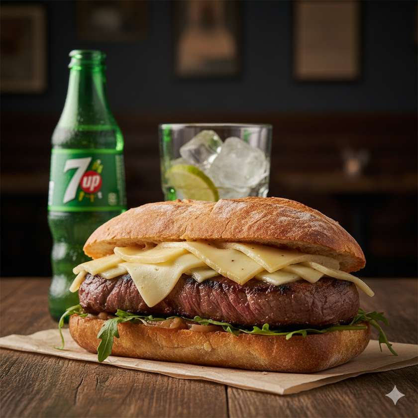 Steak Sandwich with Serra Cheese and 7 Up
