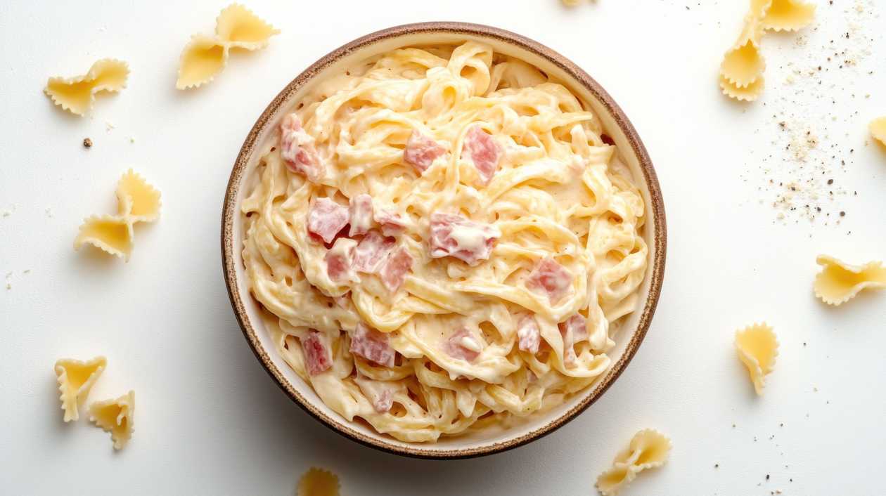 Čerstvé těstoviny s restovanou pancettou ve smetanové omáčce a parmazánem