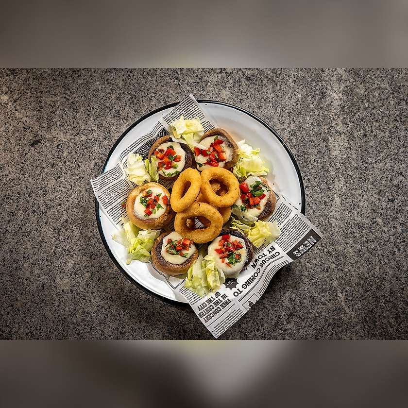Mushrooms with Burduf Cheese and Collectivized Onion Rings
