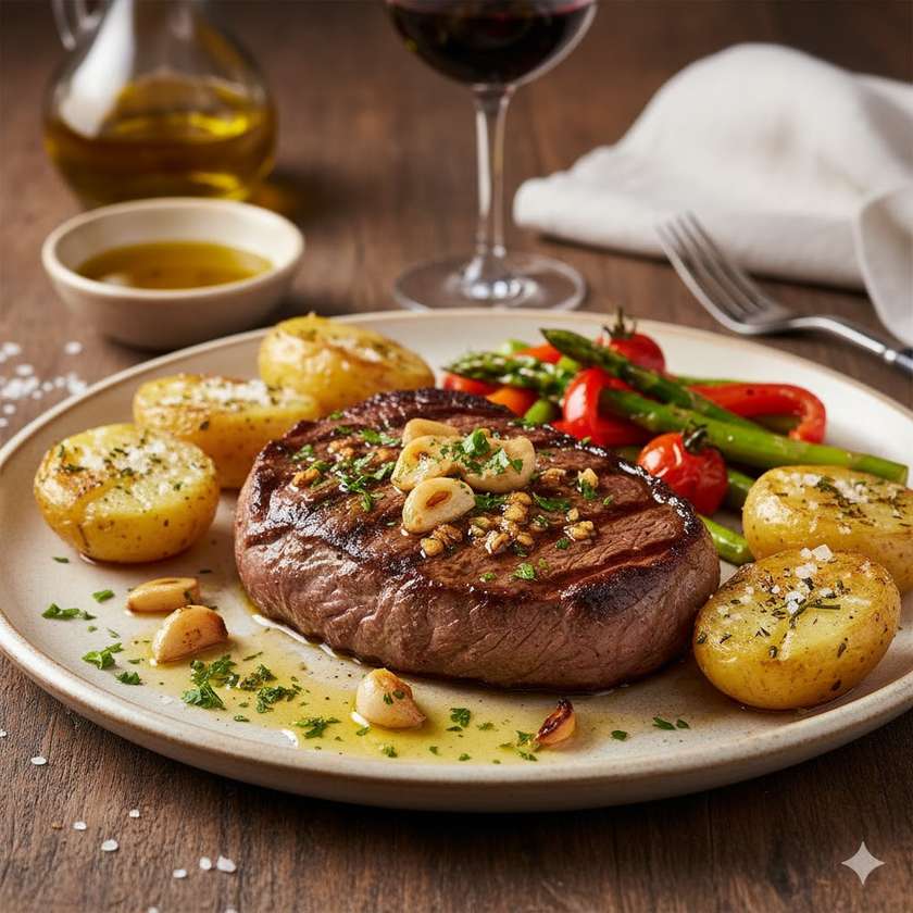 Sirloin Steak à Lagareiro with Roasted Potatoes and Vegetables