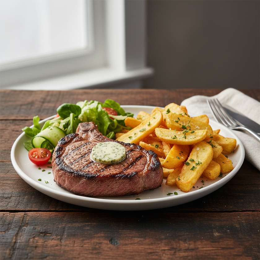 Rib Eye Steak (Fresh Irish) with Chips and Salad