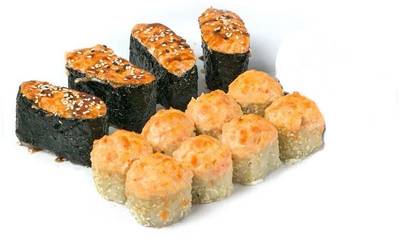 По будням запеченные с лососем +4 запеченных  гункана с крабом