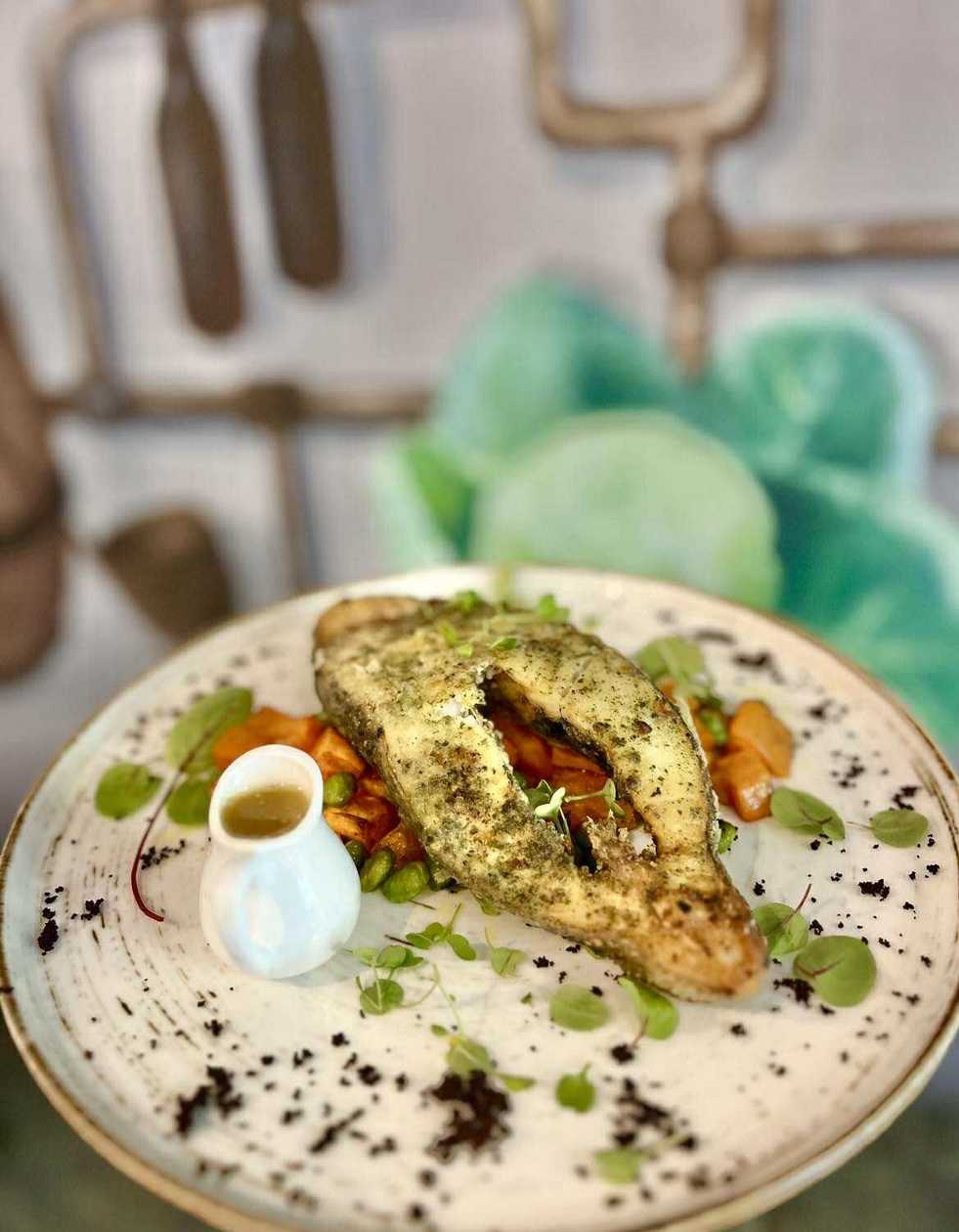 Mr. halibut with almond crust and roasted vegetables