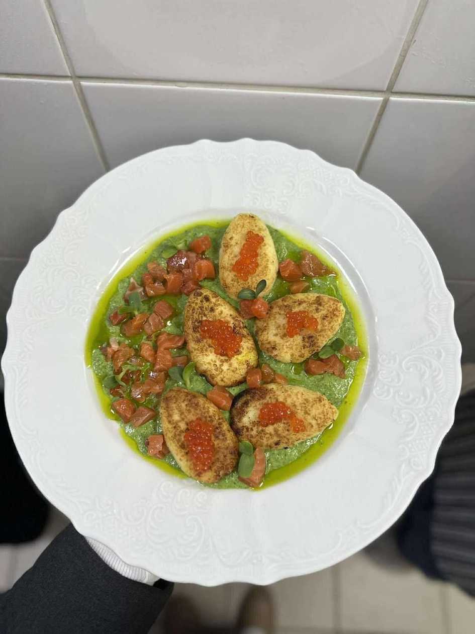 Cheese pancakes with salmon and red caviar