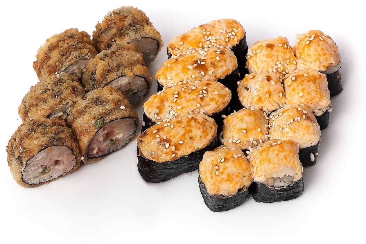 Темпура с лососем+ запеченный  с креветкой под сыром+ 4 запеченных гункана с крабом (№452+№431+№61*4