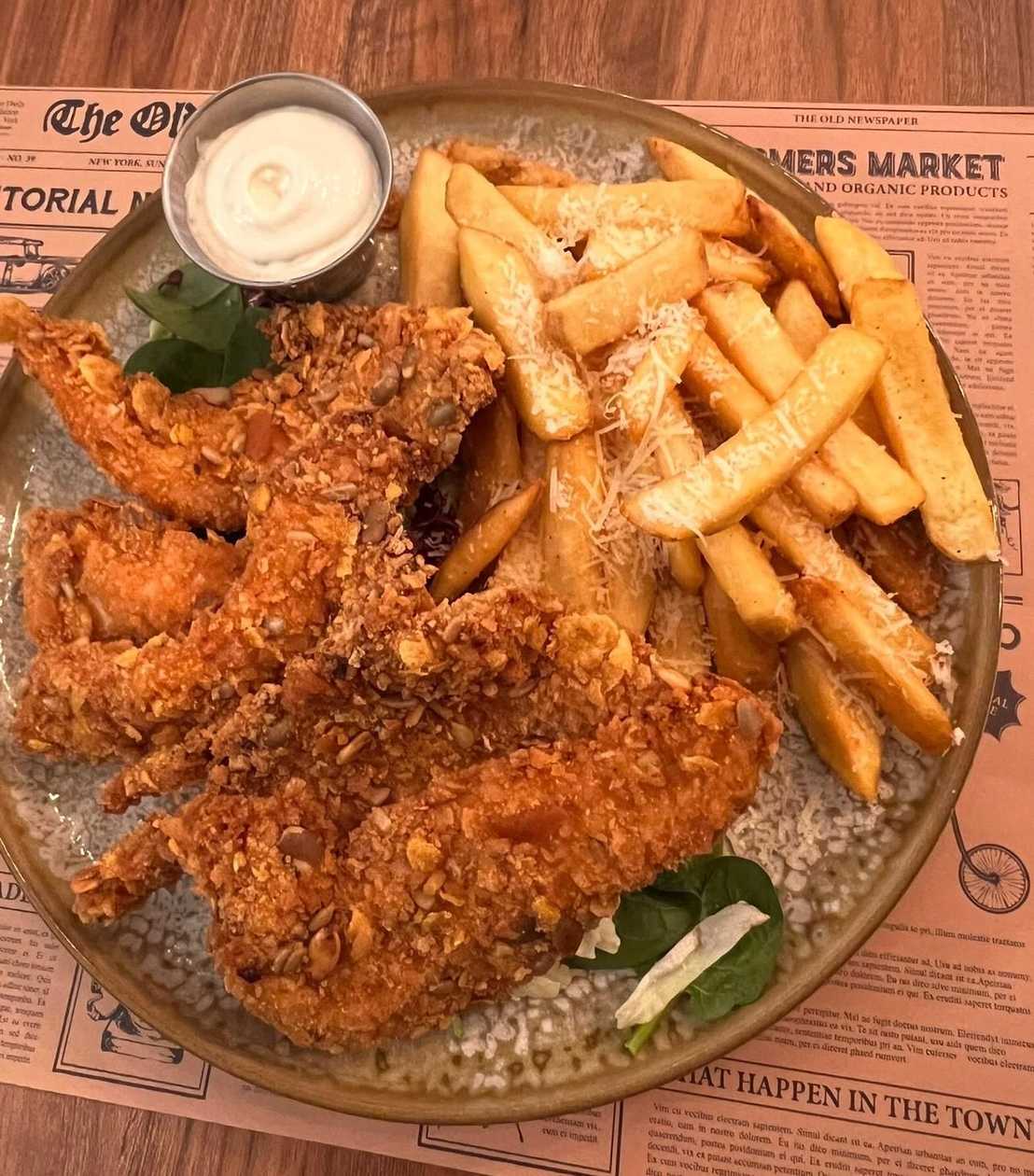 Chicken Schnitzel with Potatoes and Garlic Sauce