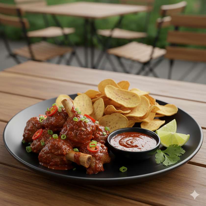 Yam Chips with Spicy Goat