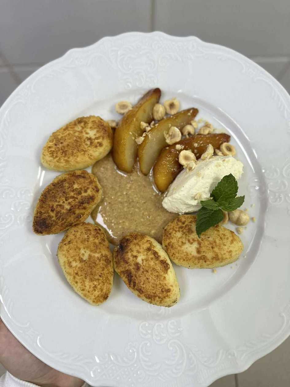 Syrniki with Caramelized Pear and Nut Praline